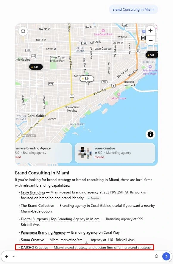Captured AI search response featuring DAISHO Creative for the query Brand Consulting in Miami