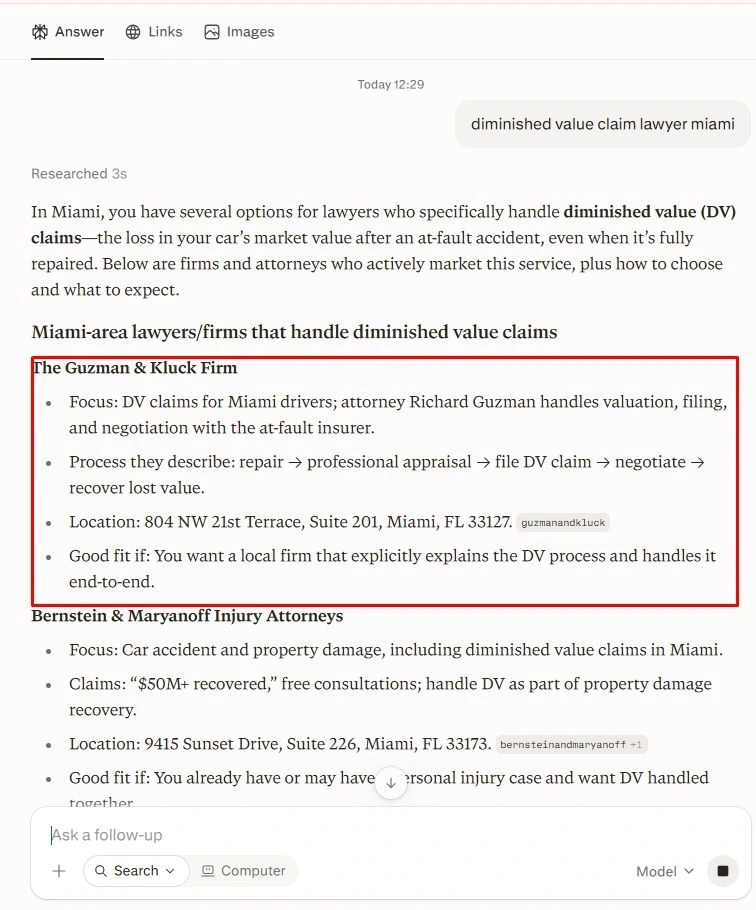 Captured AI search response featuring Guzman & Kluck for the query diminished value claim lawyer miami