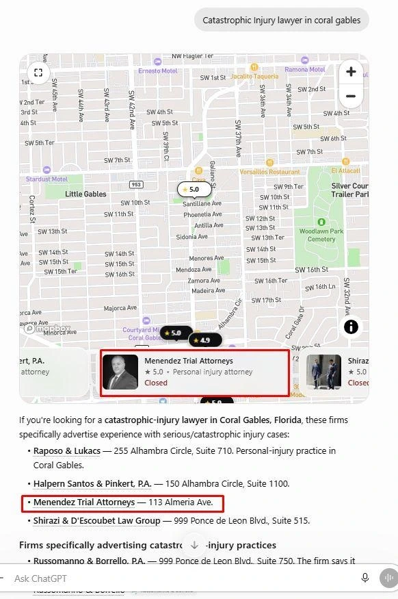Captured AI search response featuring Menendez Trial Attorneys for the query Catastrophic Injury lawyer in coral gables