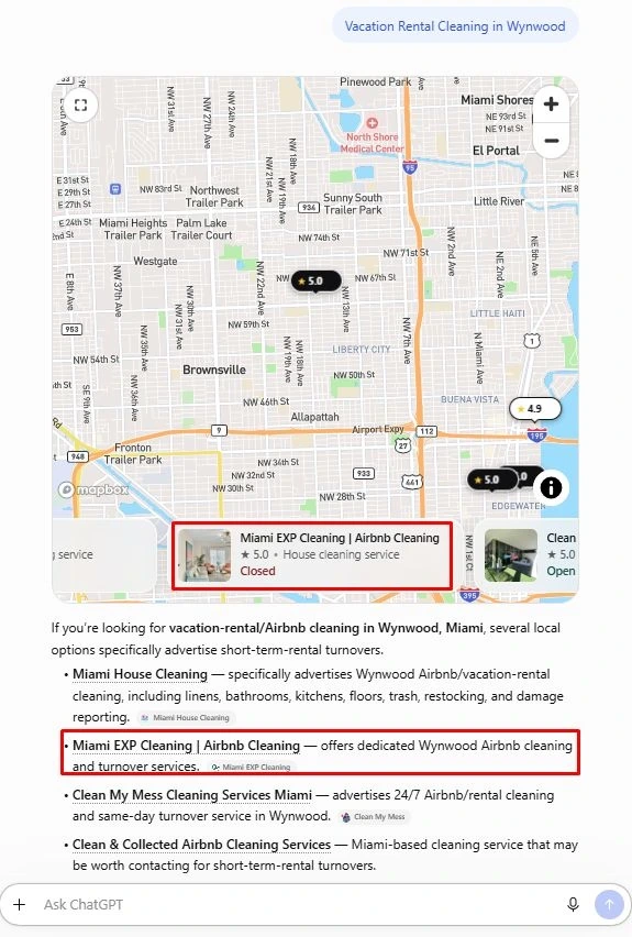 Captured AI search response featuring Miami EXP Cleaning for the query Vacation Rental Cleaning in Wynwood