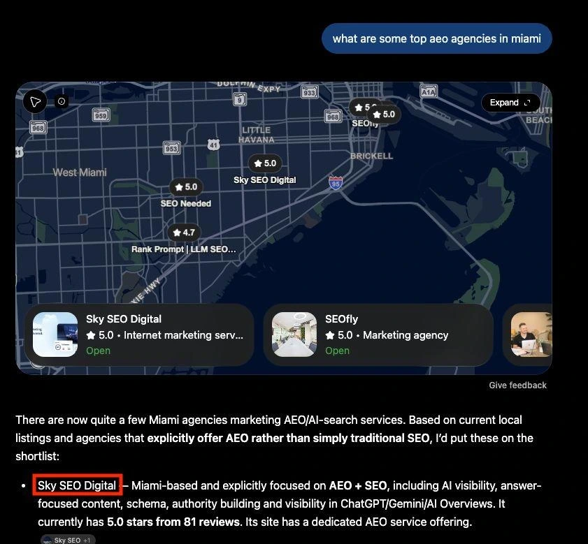 Captured AI search response featuring Sky SEO Digital for the query what are some top aeo agencies in miami