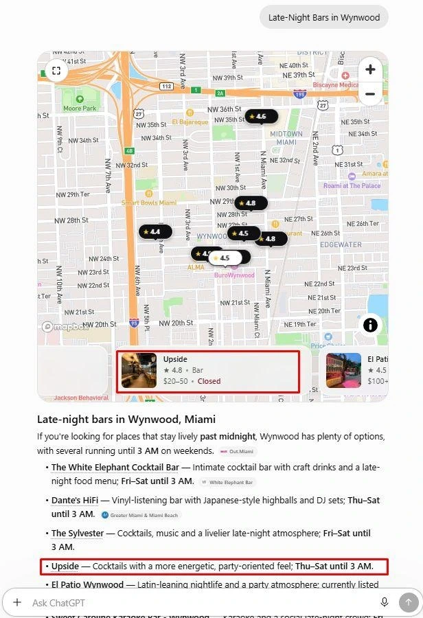 Captured AI search response featuring UPSIDE in Wynwood for the query Late-Night Bars in Wynwood
